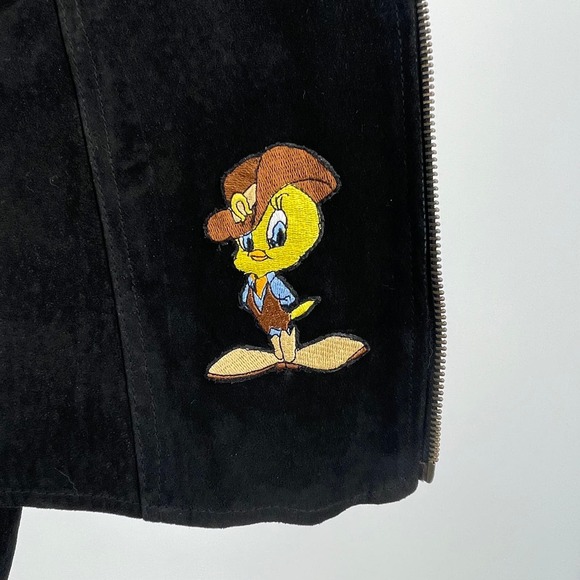 Vintage 1996 Warner Bros Sz S Looney Tunes TWEETY Bird Vest Black Leather Suede - Picture 7 of 7